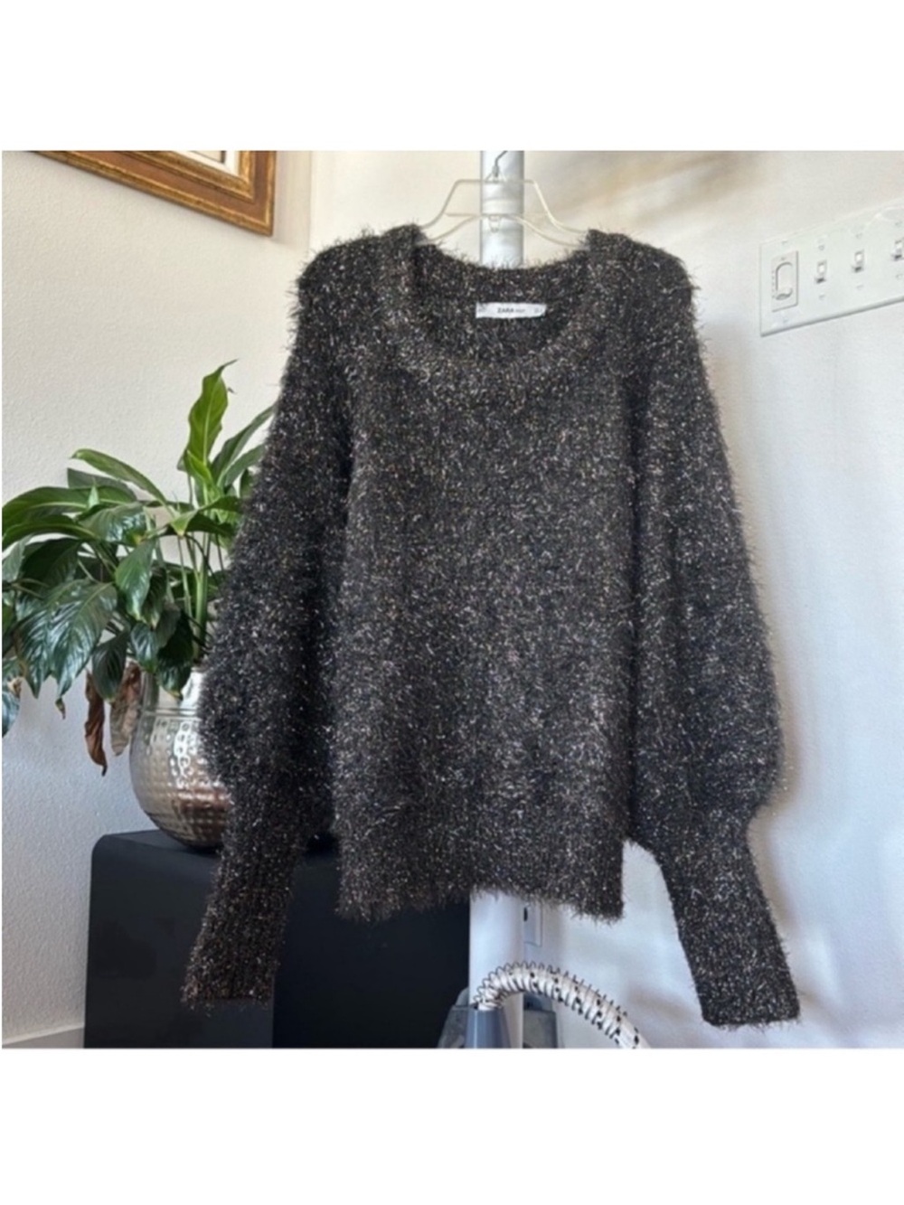 Zara Knit Fuzzy Sparkly Oversized Sweater Sz M Holiday Party Soft Trendy Black